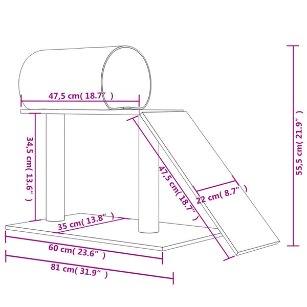 vidaXL Cat Tree with Tunnel and Ramp Light Grey 55.5 cm