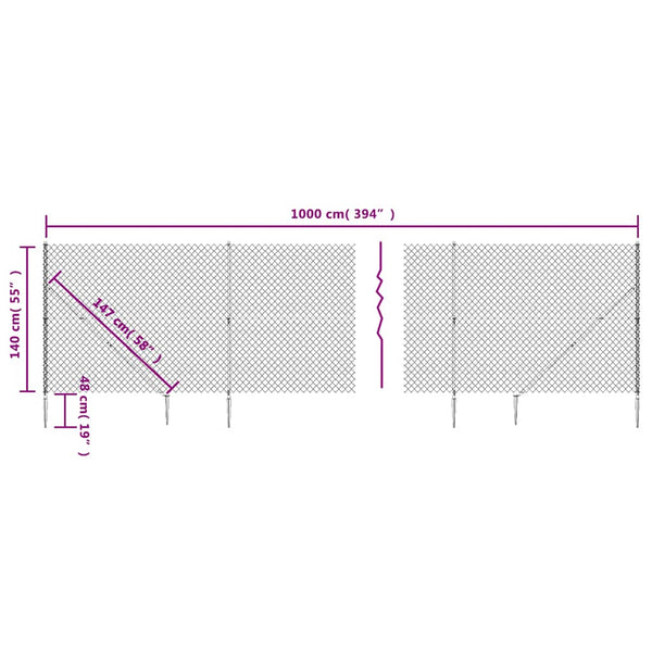 vidaXL Chain Link Fence with Ground Spikes Green 1.4x10 m