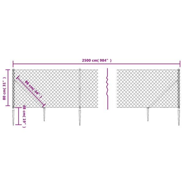 vidaXL Chain Link Fence with Ground Spikes Green 0.8x25 m