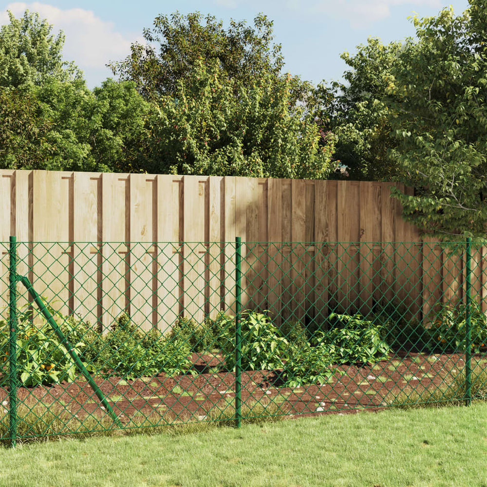 vidaXL Chain Link Fence with Ground Spikes Green 0.8x25 m