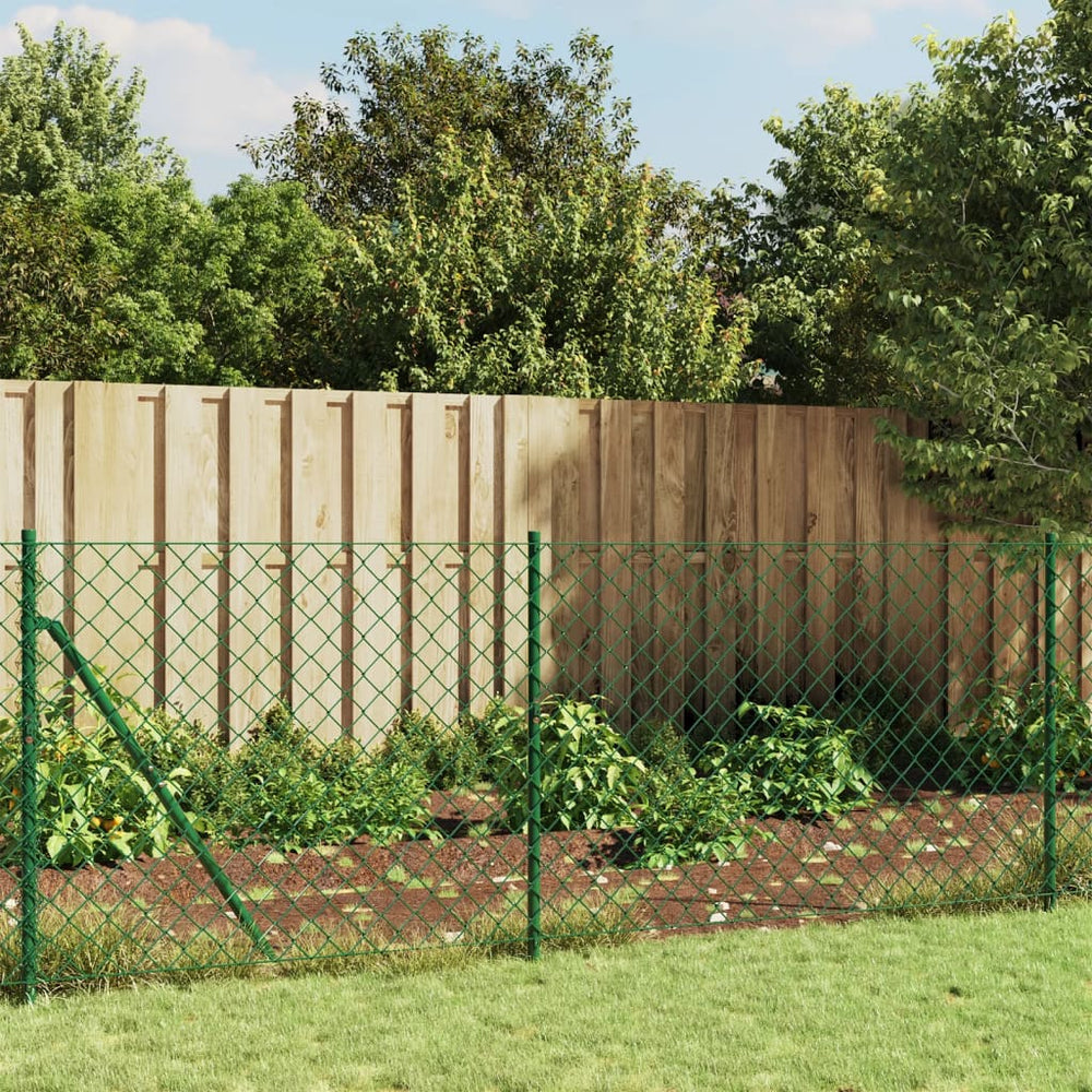 vidaXL Chain Link Fence with Ground Spikes Green 1x25 m
