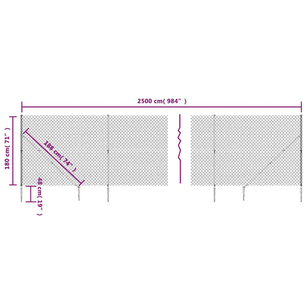 vidaXL Chain Link Fence with Ground Spikes Green 1.8x25 m