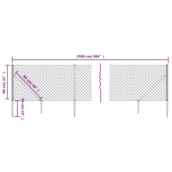 vidaXL Chain Link Fence with Ground Sockets Anthracite 0.8x25 m