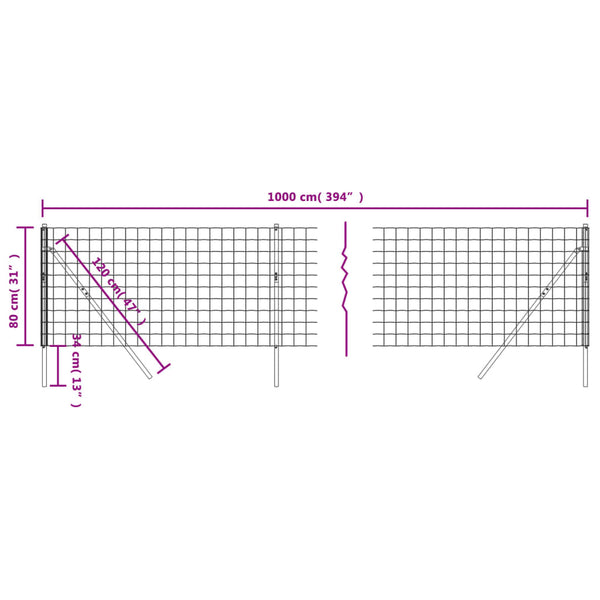 vidaXL Chain Link Fence Green 0.8x10 m Galvanized Steel