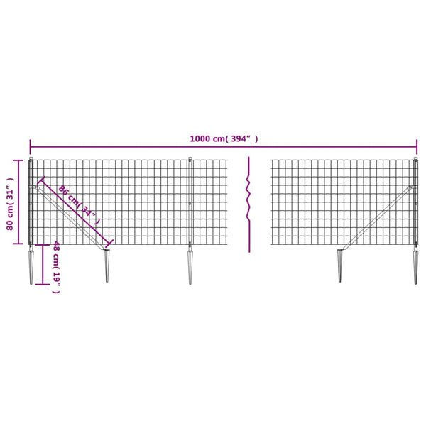 vidaXL Chain Link Fence with Ground Spikes Green 0.8x10 m