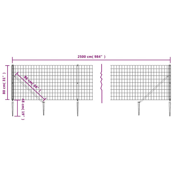 vidaXL Chain Link Fence with Ground Spikes Green 0.8x25 m