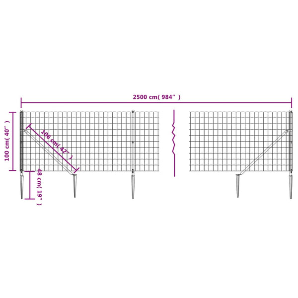 vidaXL Chain Link Fence with Ground Spikes Green 1x25 m