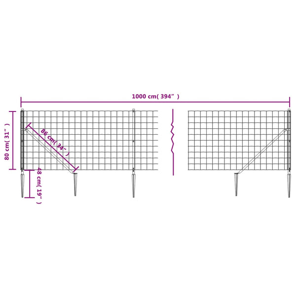 vidaXL Chain Link Fence with Ground Spikes Green 0.8x10 m