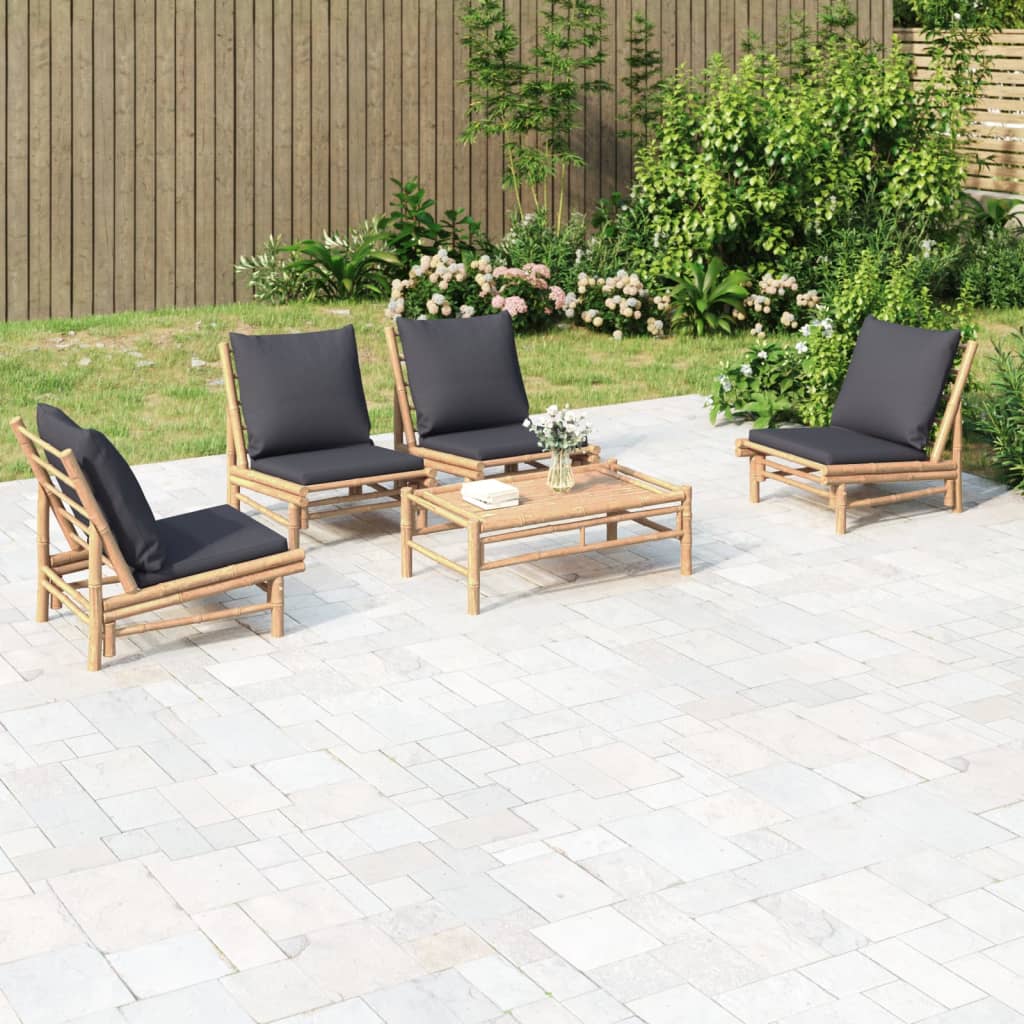 vidaXL 5-piece Garden Lounge Set with Dark Grey Cushions Bamboo