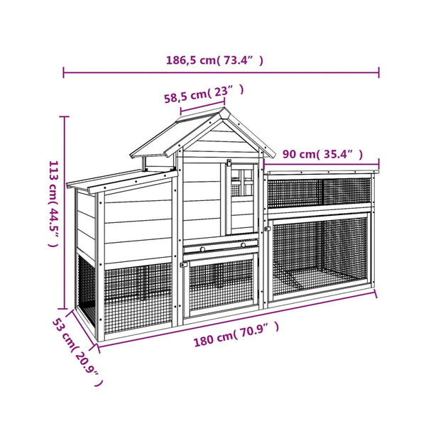 vidaXL Chicken Coop Grey 186.5x58.5x113 cm Solid Pine Wood