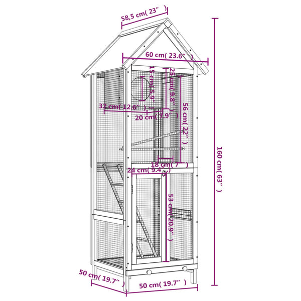 vidaXL Aviary Grey 60x58.5x160 cm Solid Pine Wood