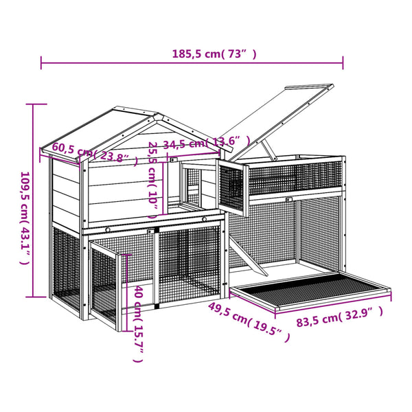 vidaXL Rabbit Hutch Brown 185.5x60.5x109.5 cm Solid Pine Wood
