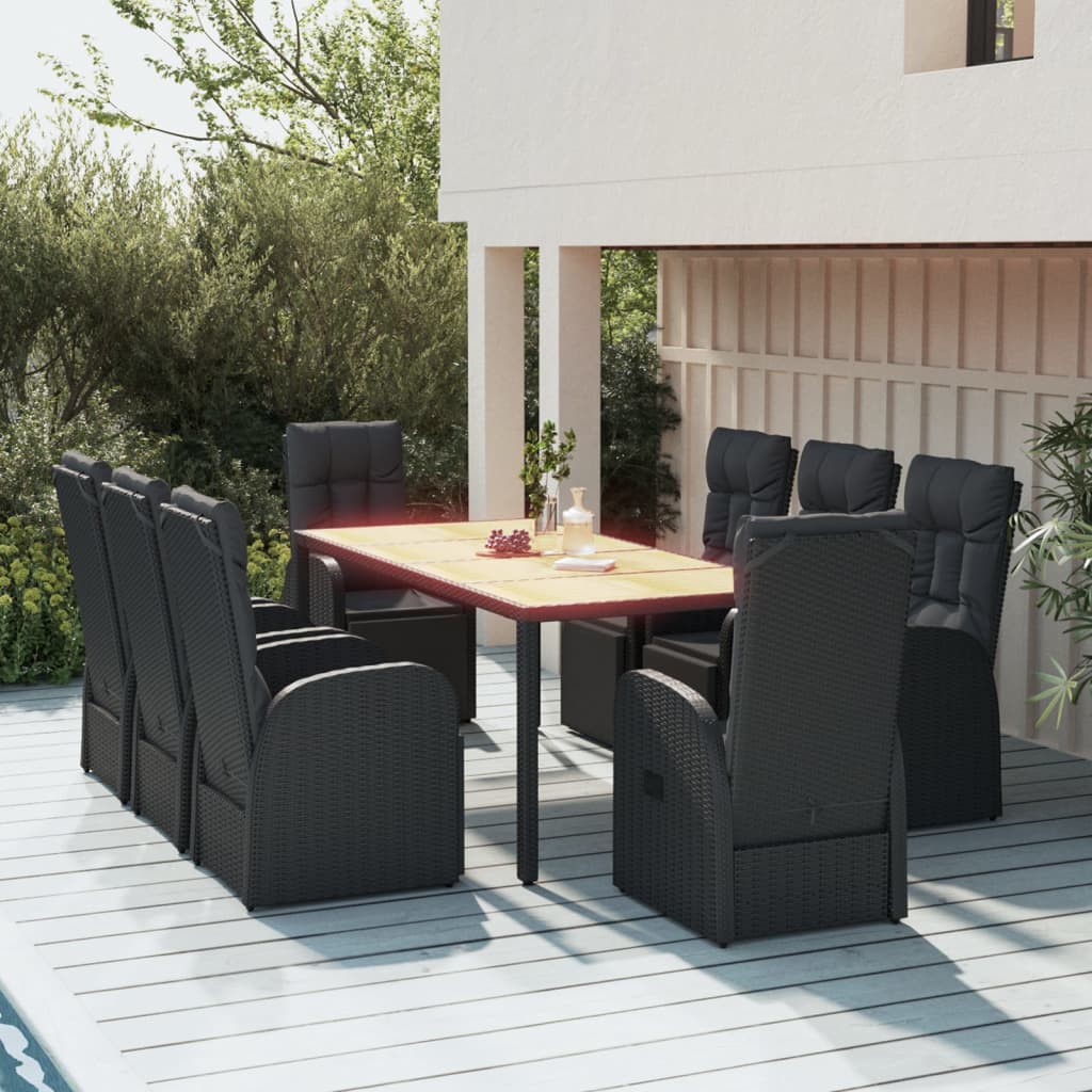 vidaXL 9-piece Garden Dining Set Black Poly Rattan & Solid Acacia Wood