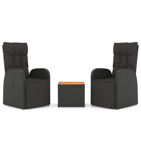 vidaXL 3-Piece Garden Lounge Set Black Poly Rattan Solid Acacia Wood