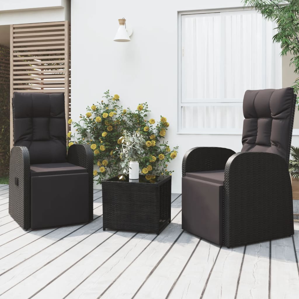 vidaXL 3-Piece Garden Lounge Set Black Poly Rattan & Steel