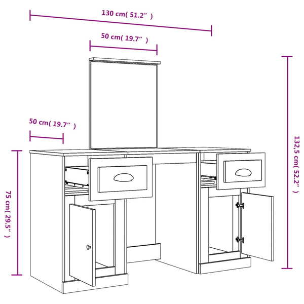 vidaXL Dressing Table with Mirror Sonoma Grey 130x50x132.5 cm