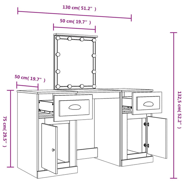 vidaXL Dressing Table with LED Lights Sonoma Oak 130x50x132.5 cm