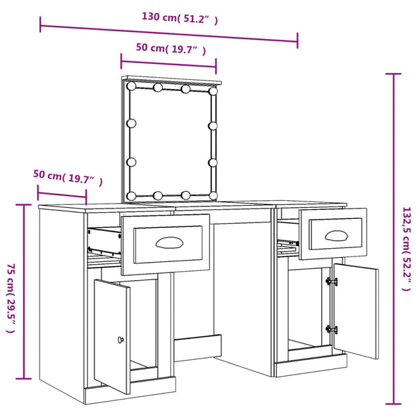 vidaXL Dressing Table with LED Lights Smoked Oak 130x50x132.5 cm