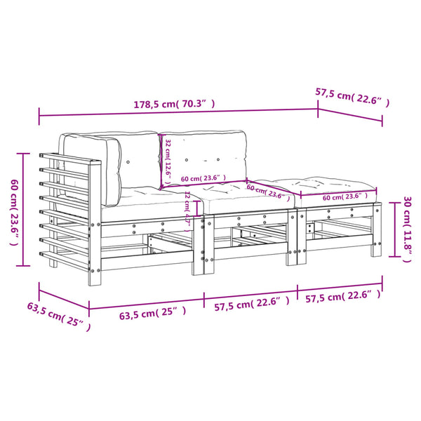 vidaXL 3-Piece Garden Lounge Set with Cushions White Solid Wood