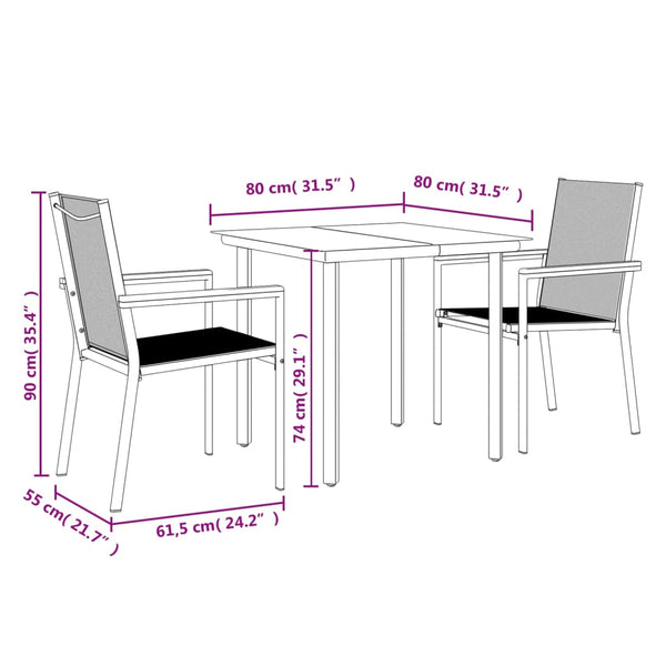 vidaXL 3-Piece Garden Dining Set Black Textilene and Steel
