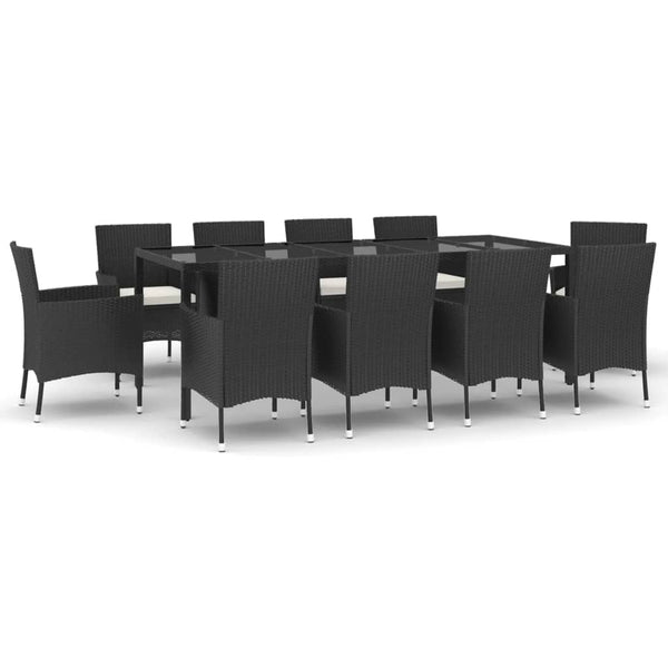 vidaXL 11-Piece Garden Dining Set with Cushions Black Poly Rattan