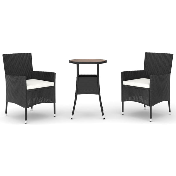 vidaXL 3-Piece Garden Bistro Set with Cushions Black Poly Rattan