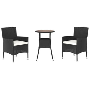 vidaXL 3-Piece Garden Bistro Set with Cushions Black Poly Rattan