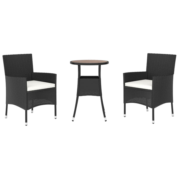 vidaXL 3-Piece Garden Bistro Set with Cushions Black Poly Rattan