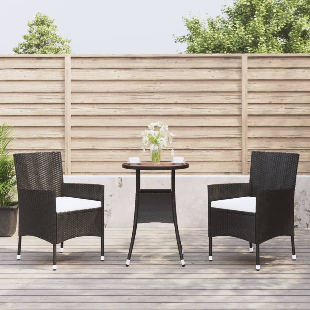 vidaXL 3-Piece Garden Bistro Set with Cushions Black Poly Rattan
