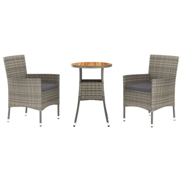 vidaXL 3-Piece Garden Bistro Set with Cushions Grey Poly Rattan