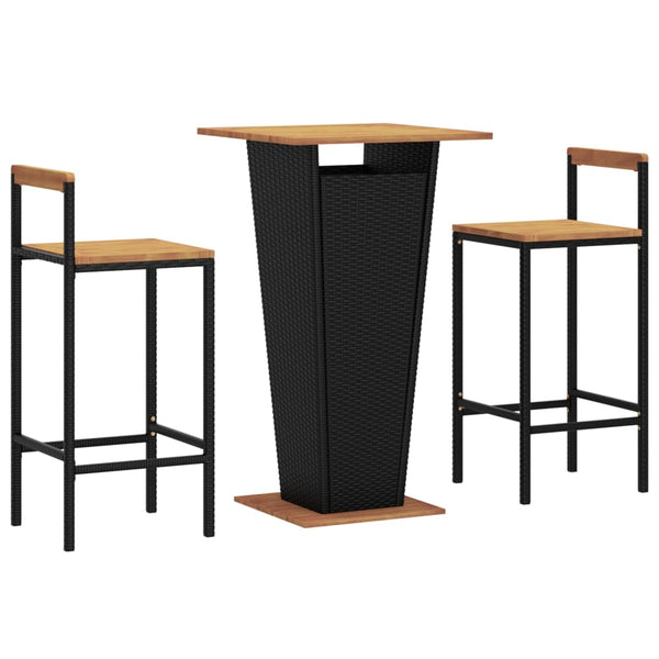 vidaXL 3-Piece Garden Bar Set Black Poly Rattan & Solid Acacia Wood