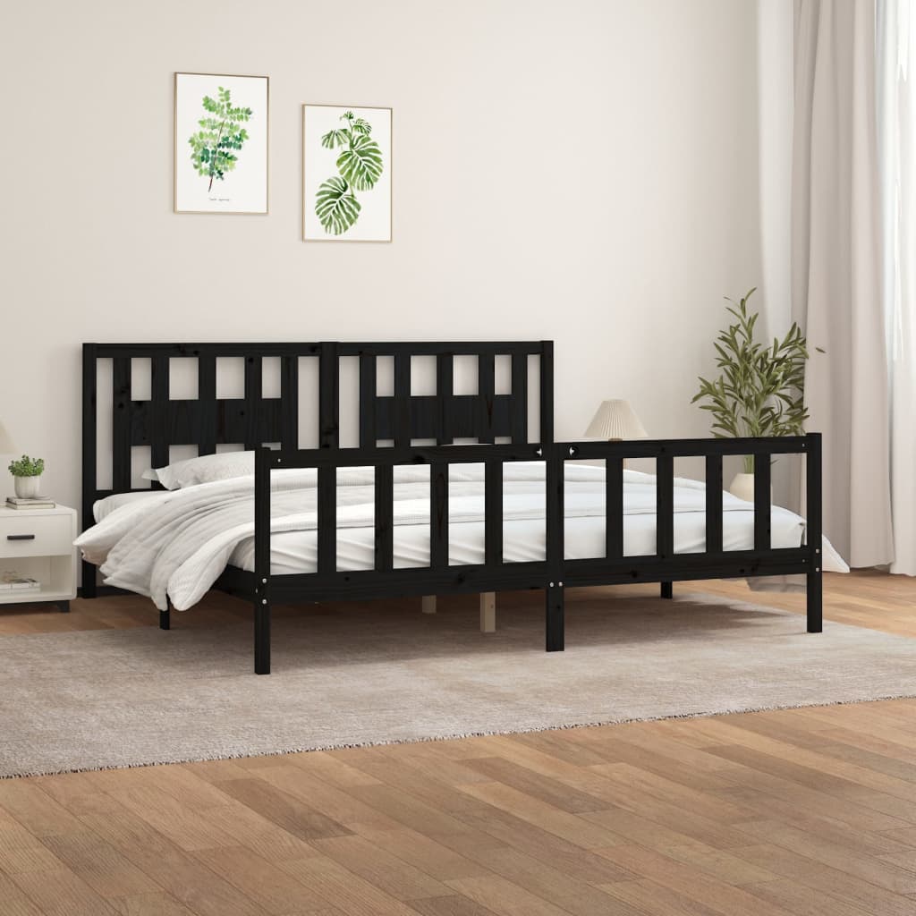 vidaXL Solid Pine Bed with Headboard Black 180x200 cm