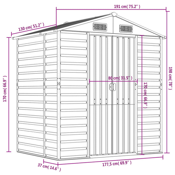 vidaXL Tool Shed Light Gray 191x130x198 cm Galvanized Steel