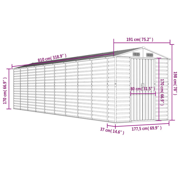vidaXL Garden Shed Light Grey 191 x 810 x 198 cm Galvanized Steel