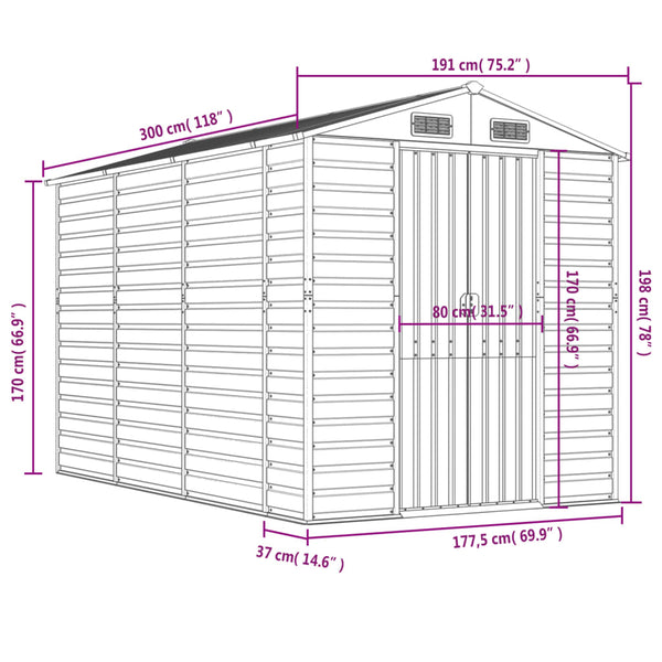 vidaXL Garden Shed Anthracite 191x300x198 cm Galvanized Steel