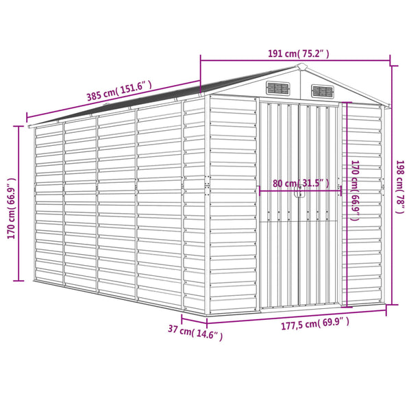 vidaXL Garden Shed Anthracite 191x385x198 cm Galvanised Steel