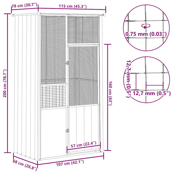vidaXL Aviary Anthracite 115x78x200 cm Galvanized Steel