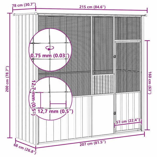 vidaXL Aviary Gray 215x78x200 cm Galvanized Steel