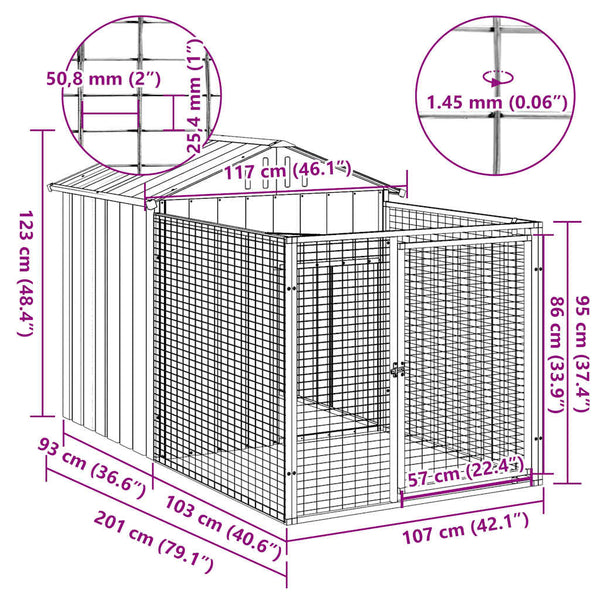 vidaXL Dog Kennel with Run Light Grey 117x201x123 cm Galvanized Steel