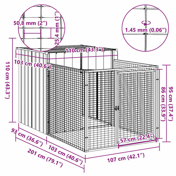 vidaXL Dog Kennel with Run Light Grey 110 x 201 x 110 cm Galvanized Steel