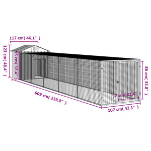 vidaXL Chicken Coop with Run Light Gray 117x609x123 cm Galvanized Steel