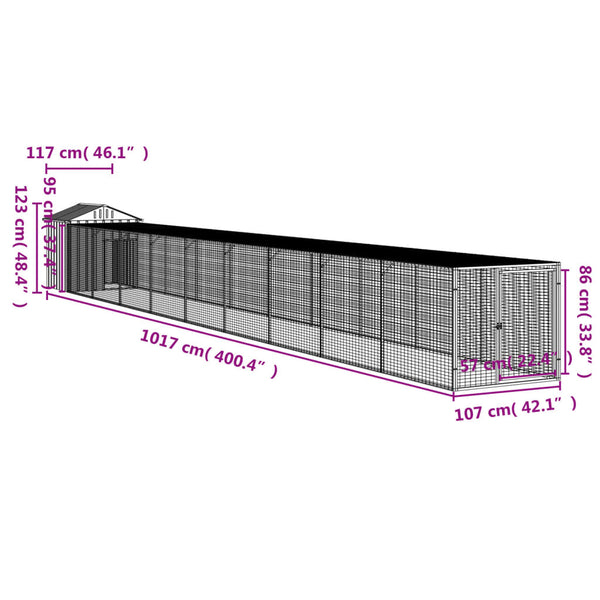 vidaXL Chicken Coop with Run Light Gray 117x1017x123 cm Galvanized Steel