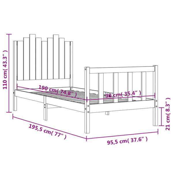 vidaXL Solid Wood Bed with Headboard Black 90x190 cm