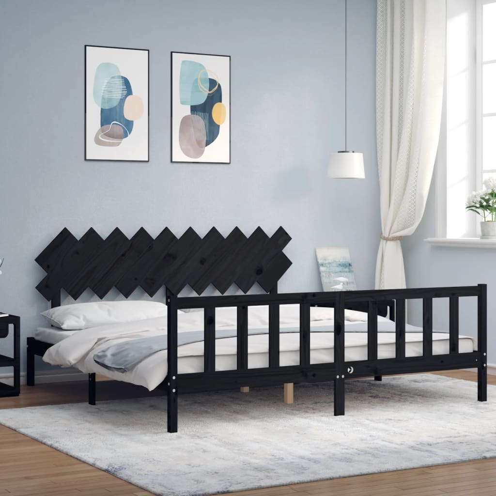 vidaXL Solid Wood Bed with Headboard Black 200x200 cm