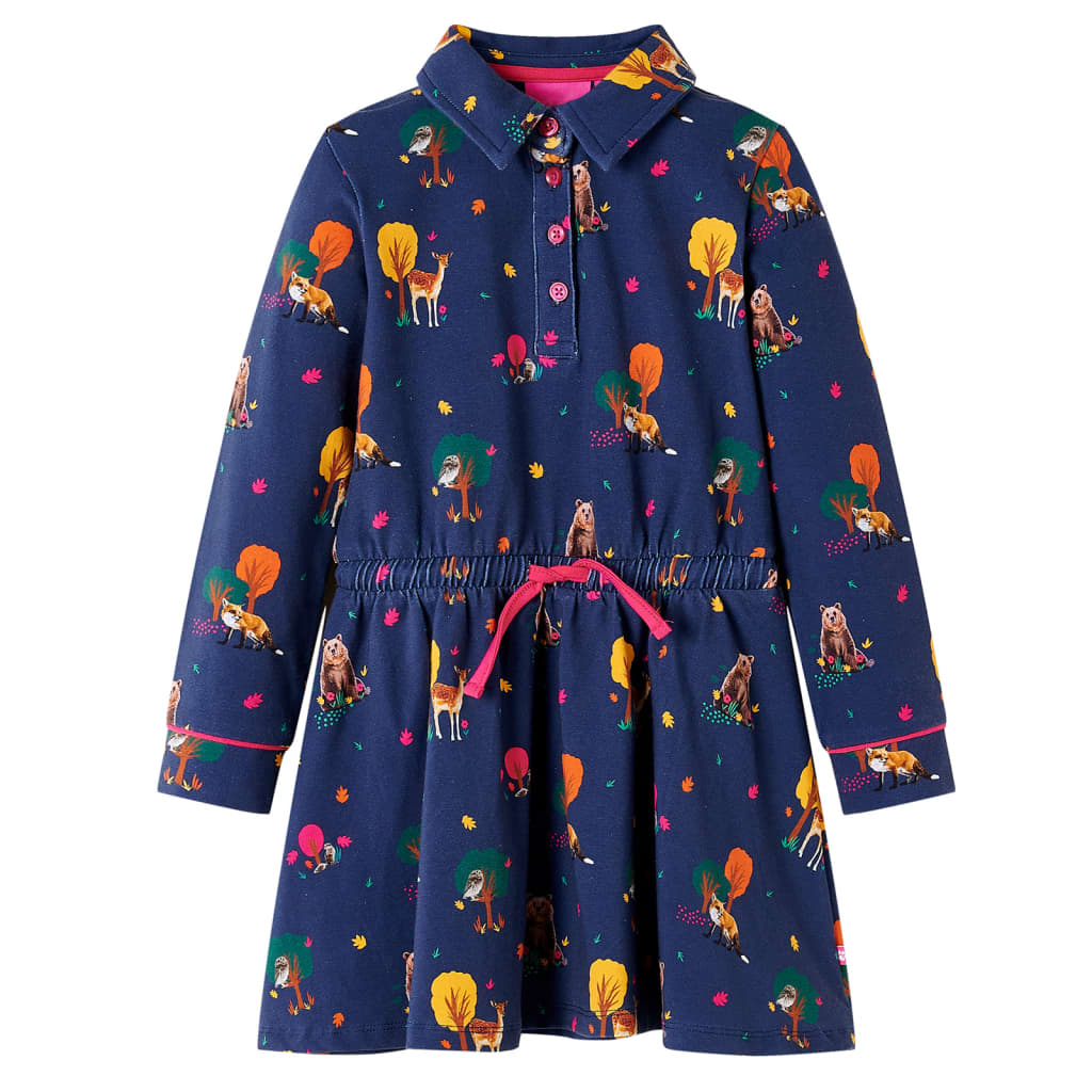 Children's Dress with Long Sleeves and Drawstring Navy Blue 116