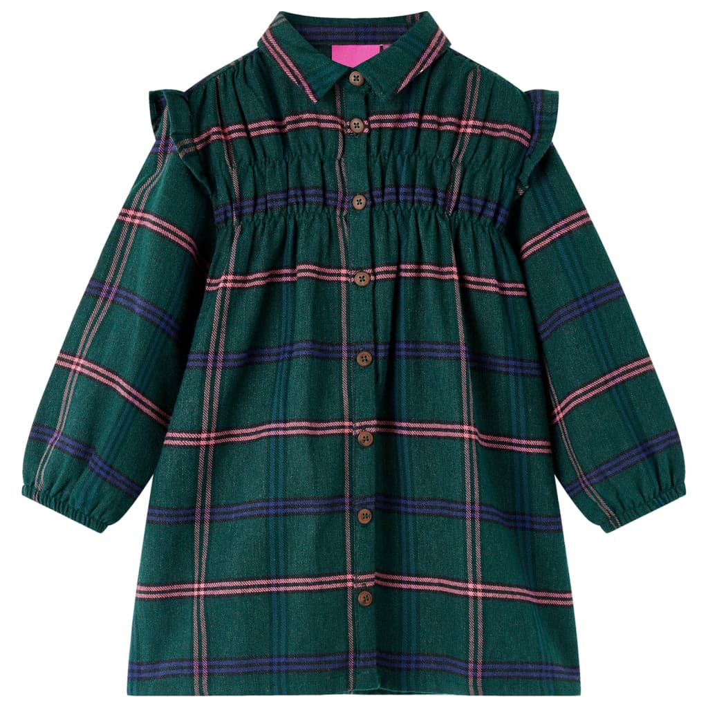 Girls' Long-Sleeved Ruffle Dress Dark Green 140