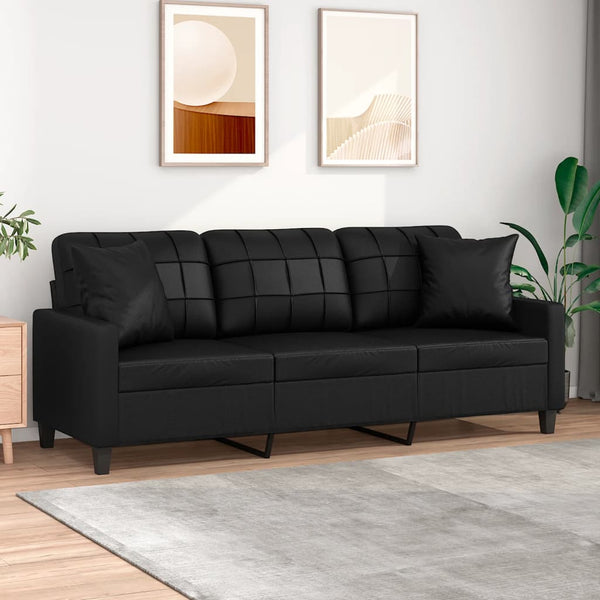 vidaXL 3-Seater Sofa with Decorative Pillows Black 180 cm Faux Leather