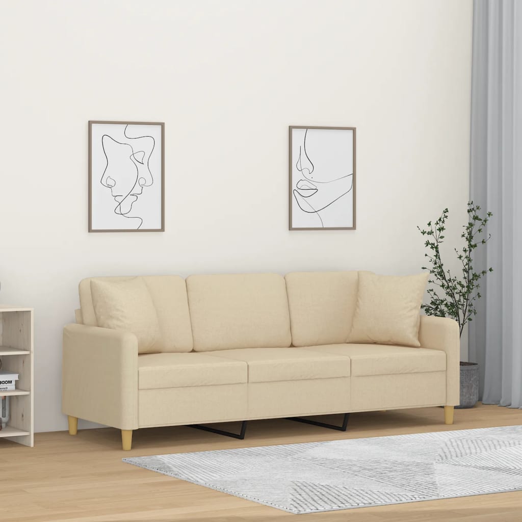 vidaXL 3-Seater Sofa with Throw Pillows Cream 180 cm Fabric
