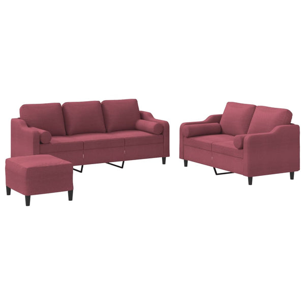 vidaXL 3-Piece Sofa Set with Cushions Wine Red Fabric