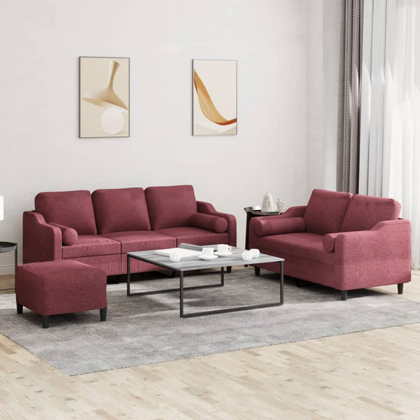 vidaXL 3-Piece Sofa Set with Cushions Wine Red Fabric